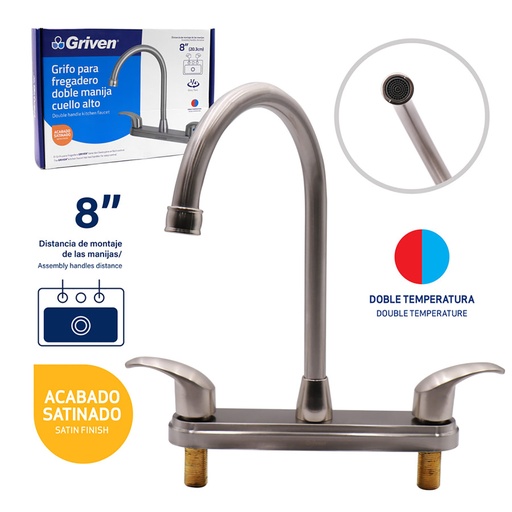 [GV-SF-1B] Grifo para Fregadero Doble Manija Cuello Alto GRIVEN