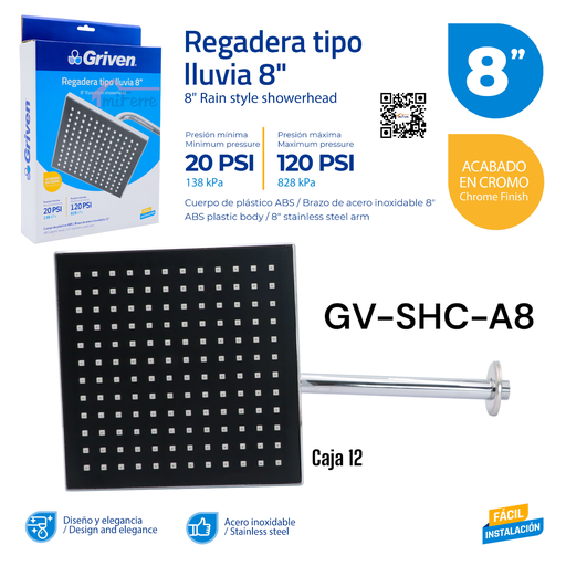 [GV-SHC-A8] Regadera Tipo Lluvia 8" GRIVEN